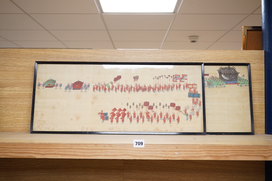 Chinese School, Figural processions, pair of watercolours on silk, 26 x 64cm